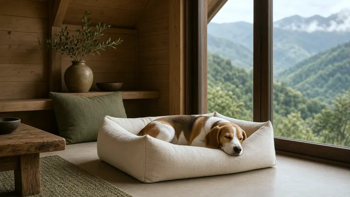 Beagle durmiendo en una cama de lino en una cabaña de madera con vista a la montaña