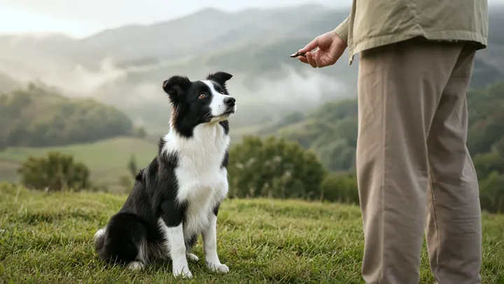 Border collie sentado y atento frente a su entrenador, que le ofrece un premio