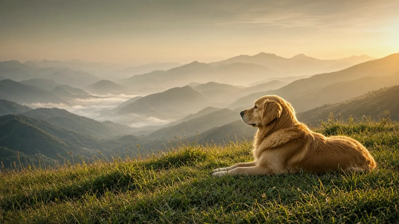 Golden retriever descansando en un prado de montaña frente a un valle con niebla al amanecer