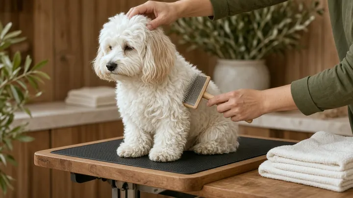 Perro de pelo blanco siendo cepillado con calma sobre una mesa de grooming