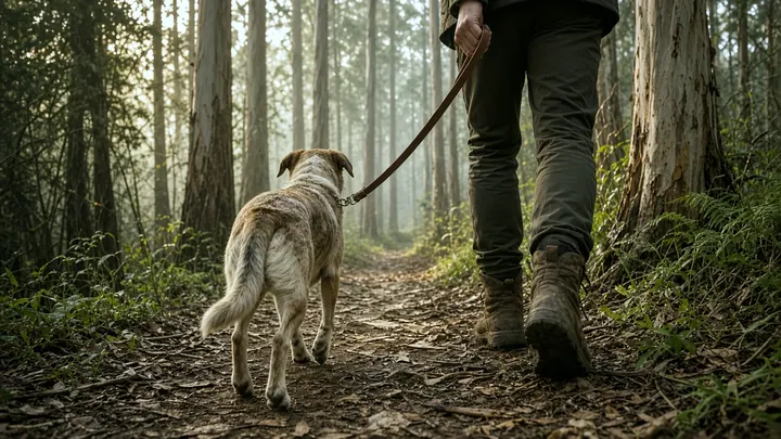 Perro caminando con correa por un sendero de bosque junto a su paseador