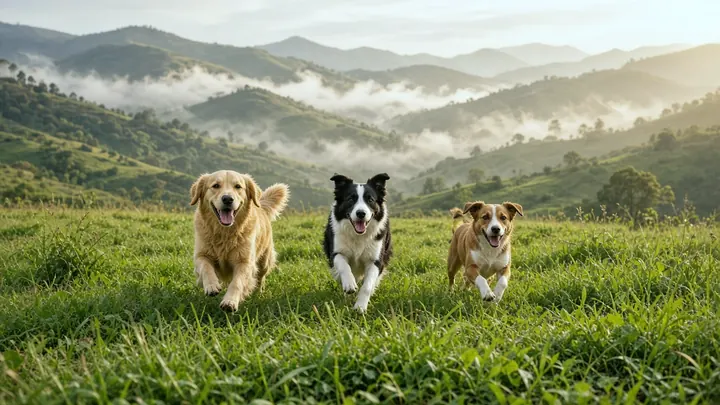 Tres perros de distintas razas corriendo felices por una pradera de montaña